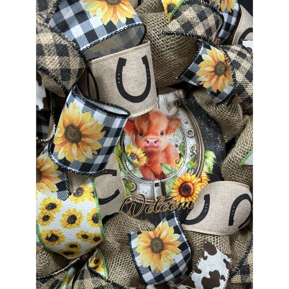 Handmade Burlap Wreath Farmhouse Highland Cow Fall Western Horseshoe 22 Inch - Picture 4 of 10